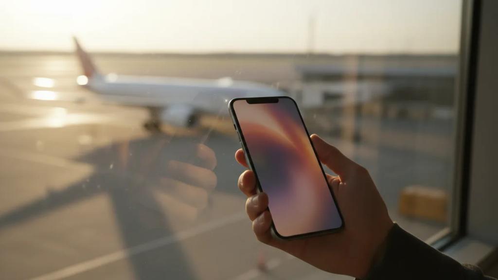 Traveller at an airport gate holding a phone showing a newly connected mobile line