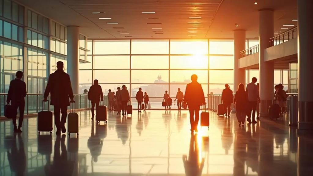 Schiphol airport terminal with travellers under the departures board at golden hour