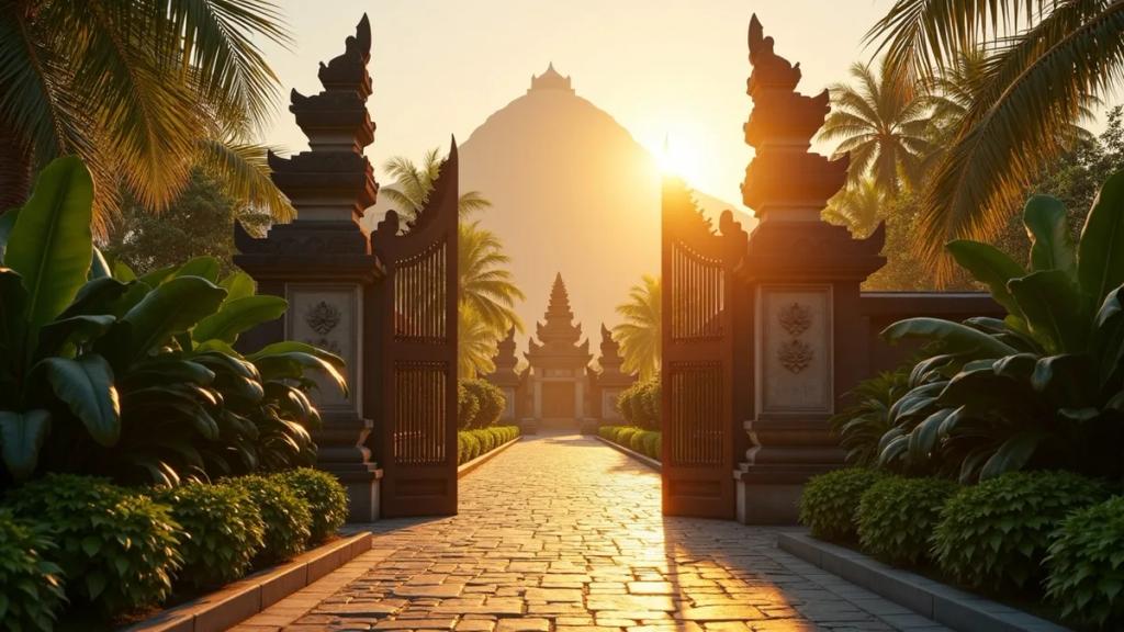 Ngurah Rai airport arrivals area in Bali at golden hour with travellers and tropical architecture