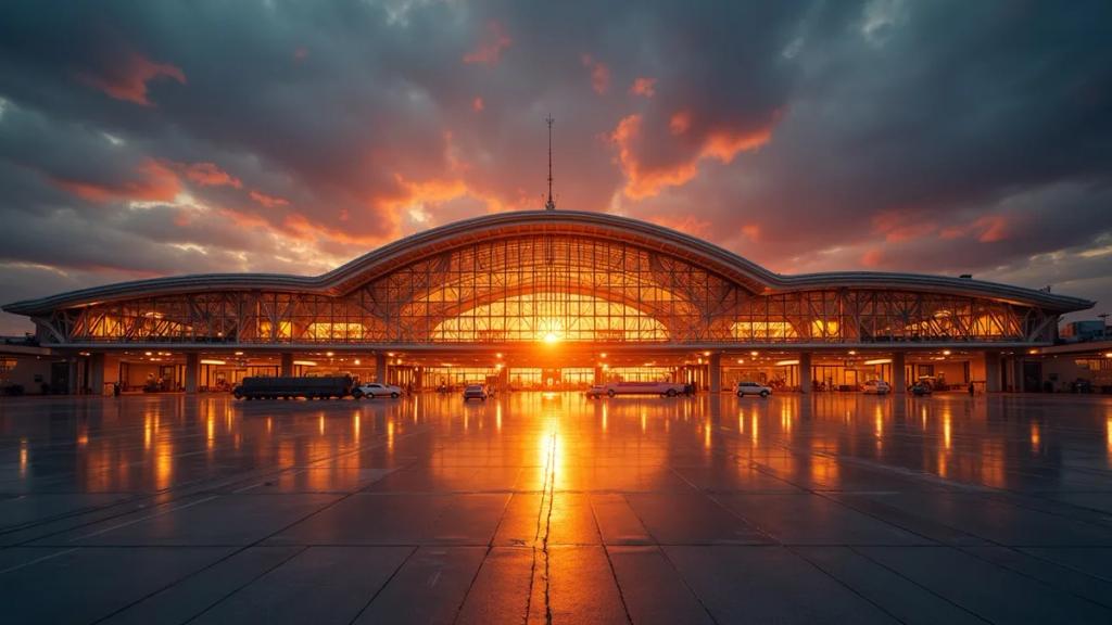 Suvarnabhumi airport departure hall with its sweeping steel trusses and travellers at golden hour