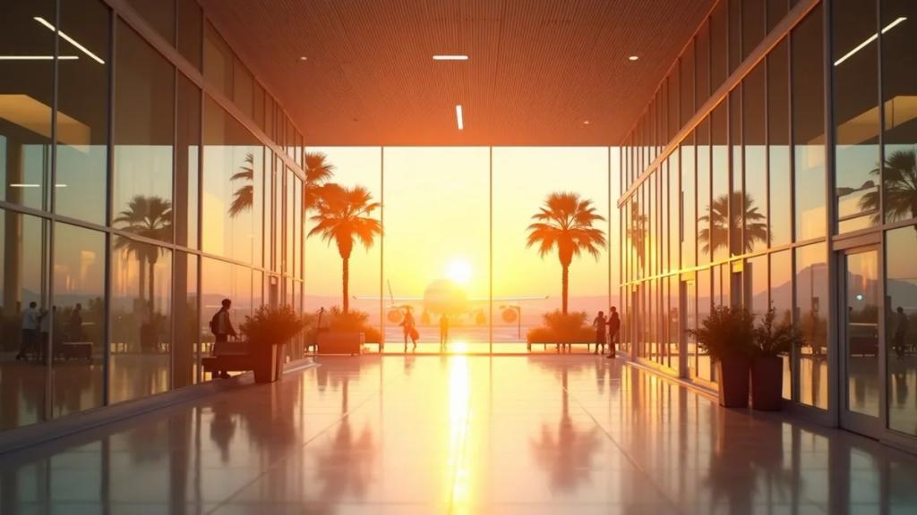 Barcelona El Prat airport terminal at golden hour with travellers walking towards the arrivals exit