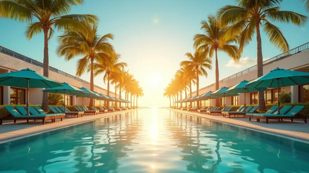 Cancun airport arrivals area at golden hour with palm trees and travellers with luggage