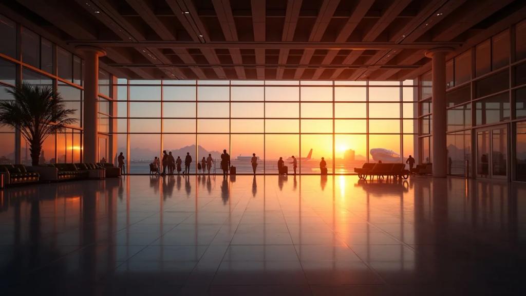 Hamad International Airport concourse in Doha with the giant teddy bear sculpture and travellers at golden hour