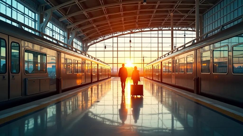 Frankfurt Airport terminal at golden hour with travellers walking towards the train station signs