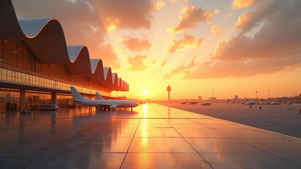 Istanbul Airport departures hall at golden hour with its vaulted ceiling and travellers below