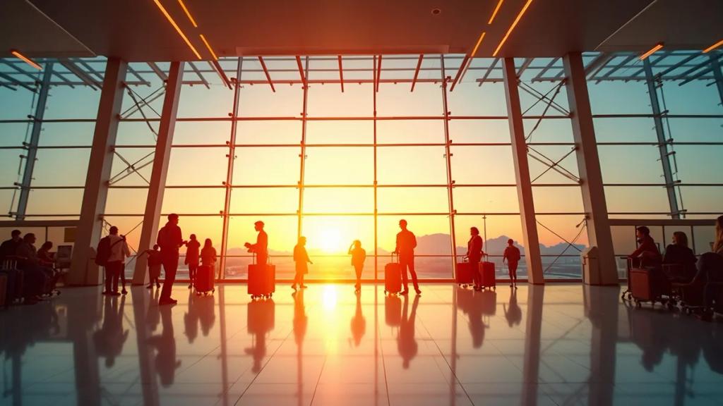 Heathrow airport terminal interior at golden hour with travellers and departure boards