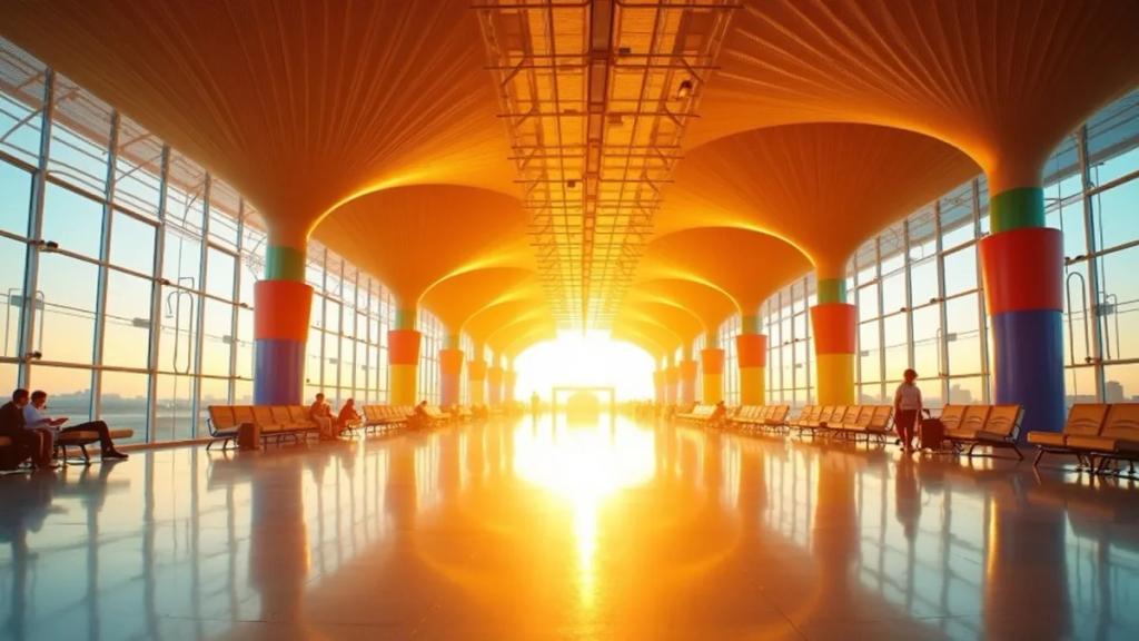 Madrid Barajas T4 terminal with its wave-shaped bamboo ceiling and travellers at golden hour