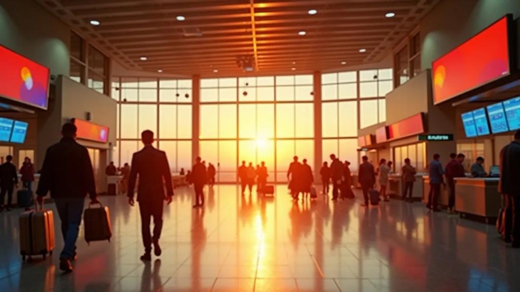 Mexico City airport terminal at golden hour with arriving travellers pulling suitcases past departure boards
