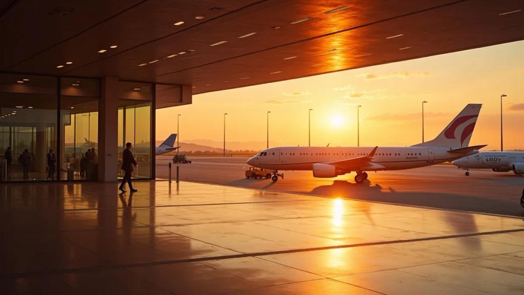 Rome Fiumicino airport terminal with morning light, travellers walking towards the train station signs