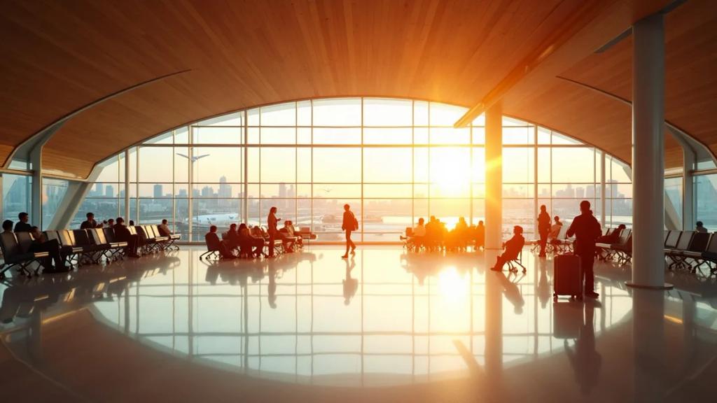 Toronto Pearson airport terminal at golden hour with travellers pulling luggage past departure boards