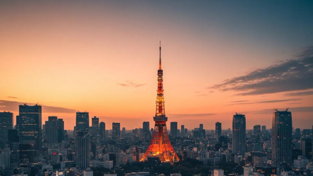 Traveller in a Tokyo street at dusk checking a phone showing a connected mobile signal