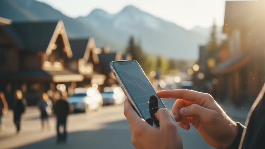Traveller checking a phone in front of a Canadian mountain and lake landscape
