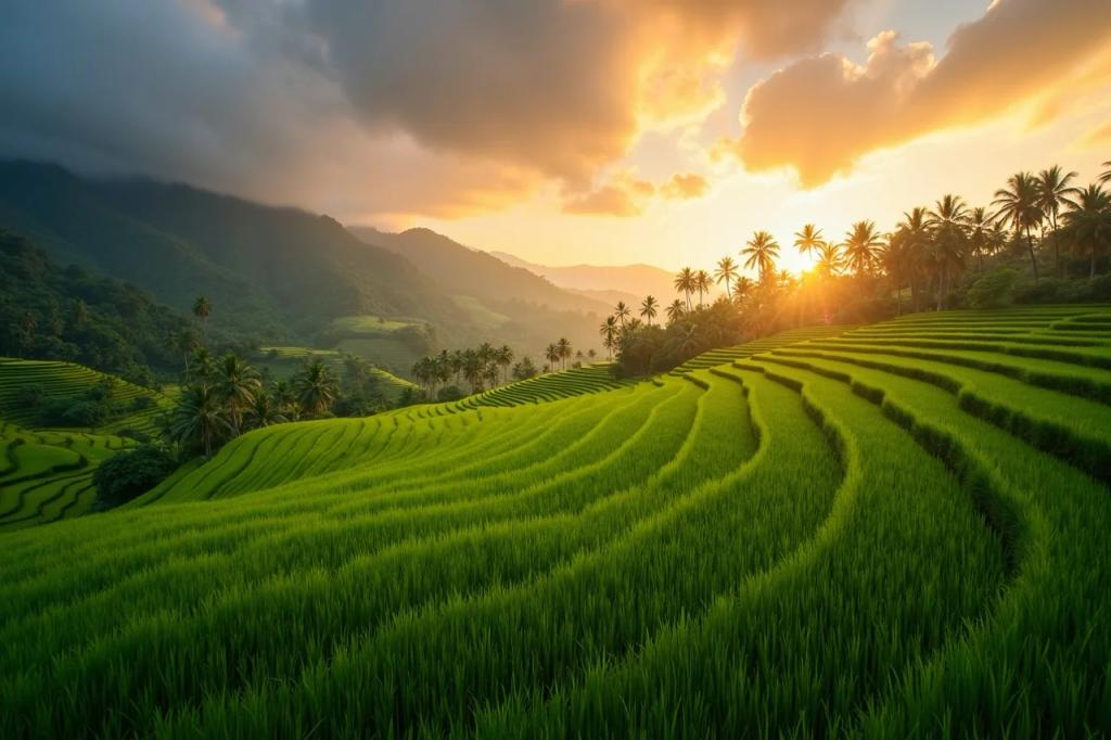 Lush green Tegallalang rice terraces with palm trees in Bali Indonesia
