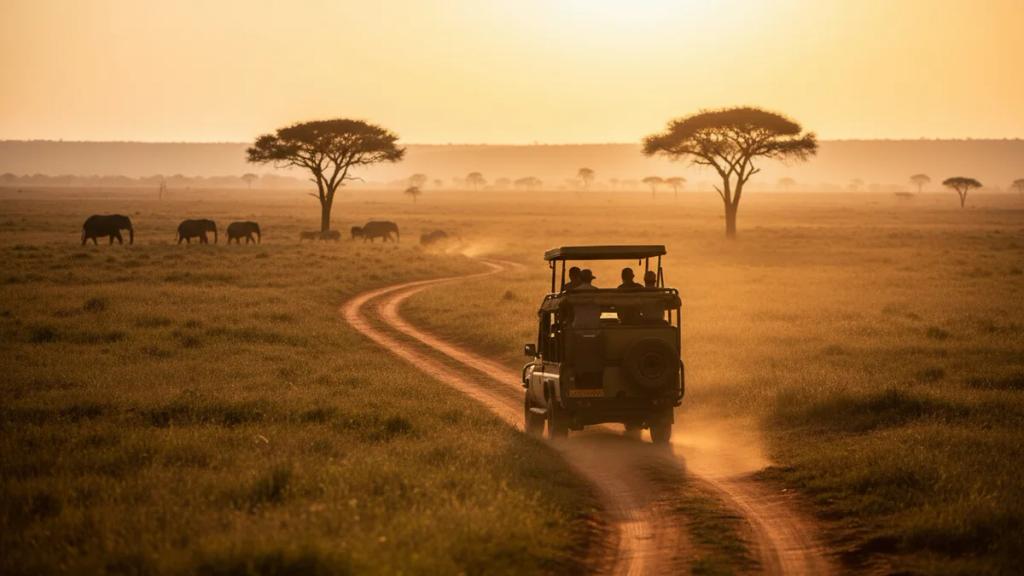Safari jeep on a red dirt track in the Maasai Mara with acacia trees and elephants