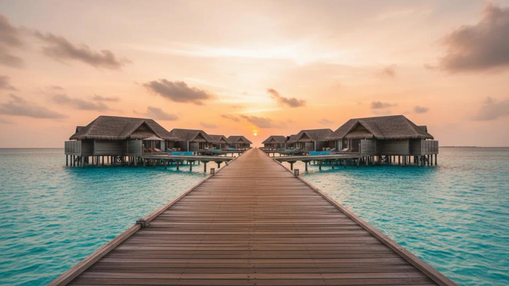Overwater villas and a wooden jetty at sunset in the Maldives
