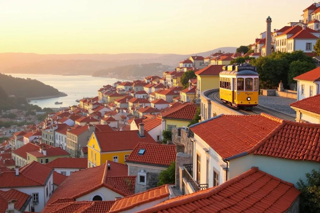 Iconic yellow tram on a cobblestone street lined with colourful buildings in Lisbon Portugal