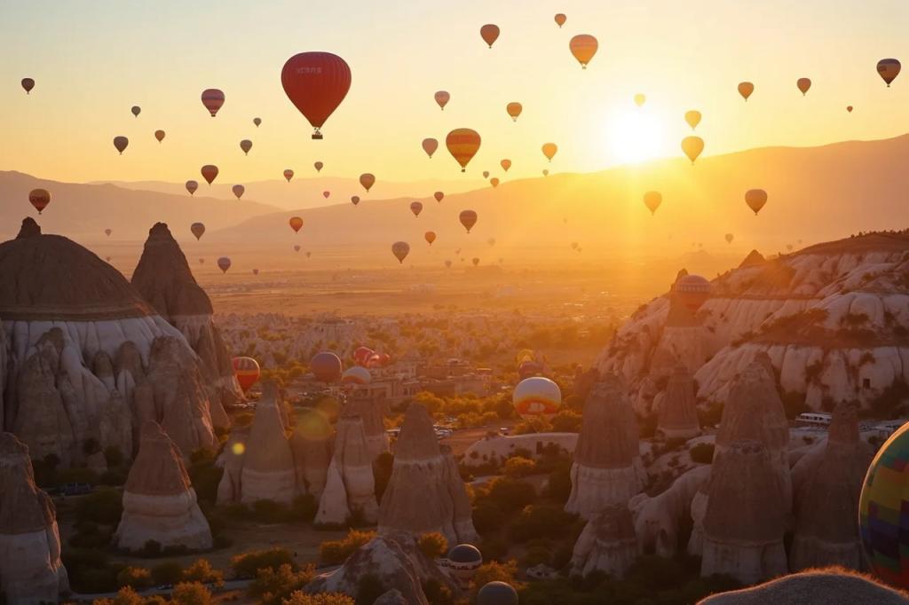 Colourful hot air balloons over fairy chimney rock formations in Cappadocia Turkey
