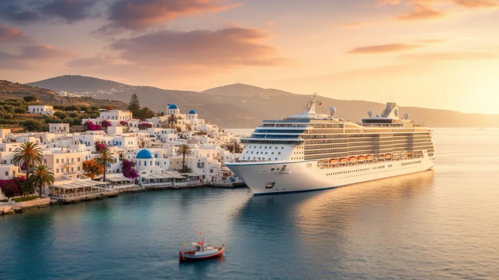 Cruise ship docked at a sunlit Mediterranean port with old town rooftops behind it