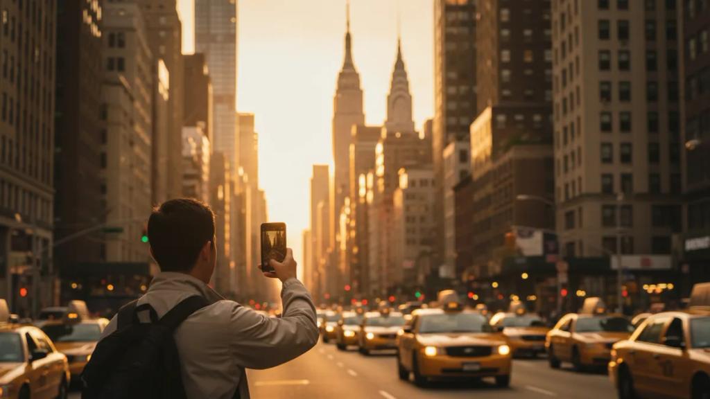 Manhattan skyline at dusk with a traveller checking a phone map on a busy street