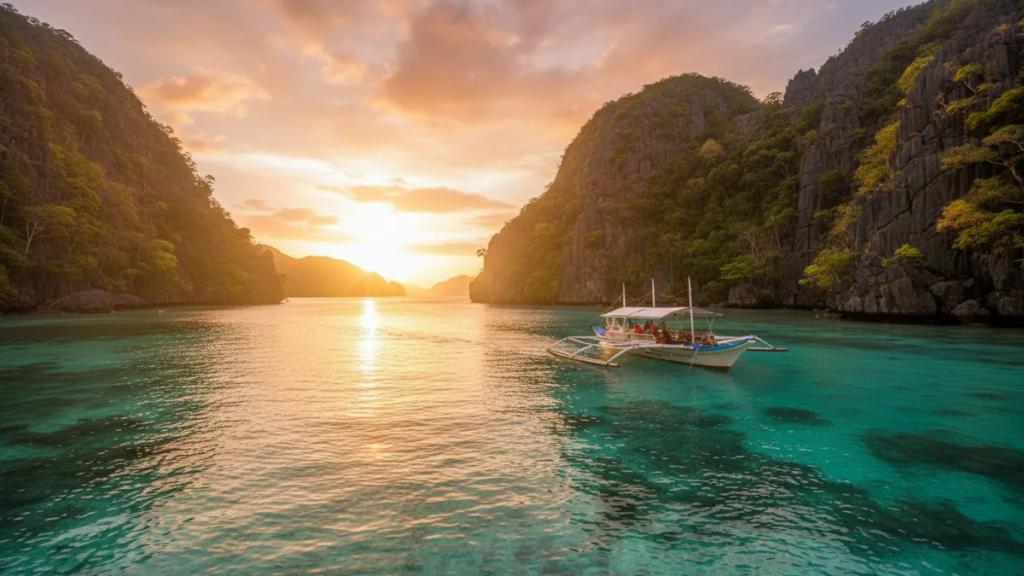 Tropical limestone cliffs and turquoise lagoons of a Philippine island archipelago at sunrise