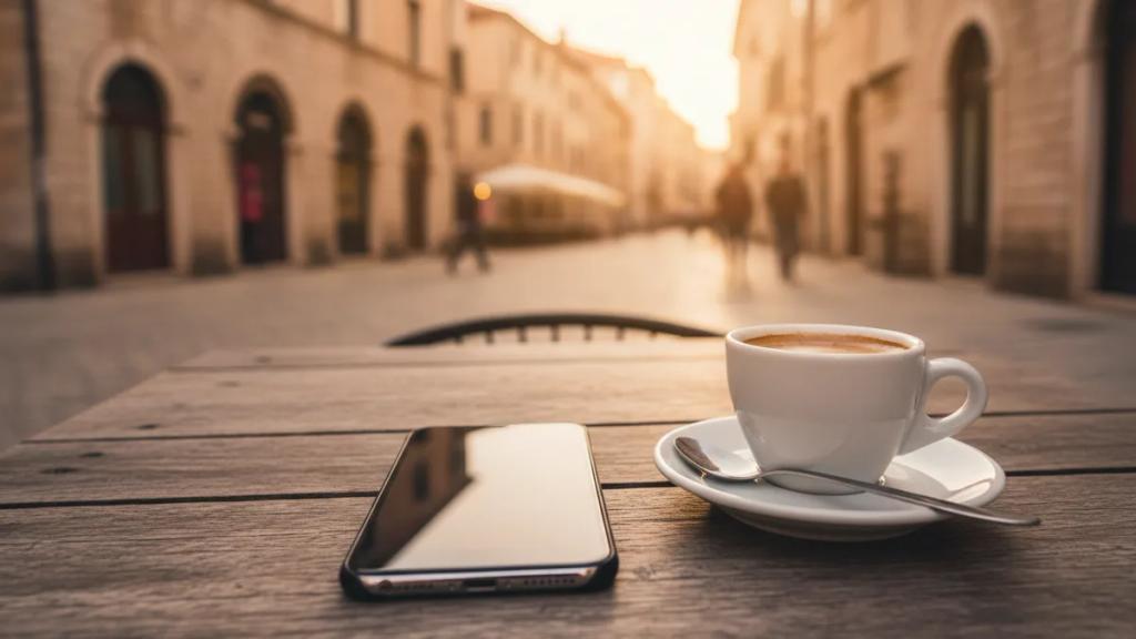 Traveller holding a phone with a map open on a European city street