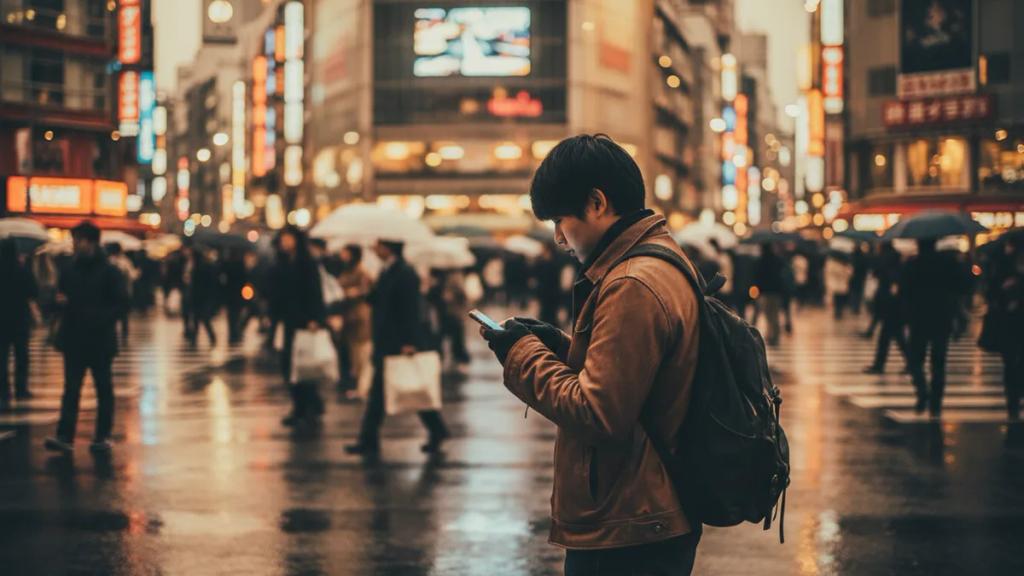 Traveller checking a smartphone at a busy Tokyo crossing at dusk