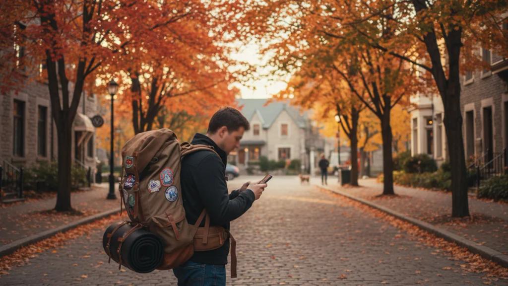 Traveller checking a phone map in front of a Canadian city skyline