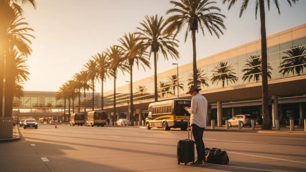 Traveller using a phone in a busy airport arrivals hall with departure boards