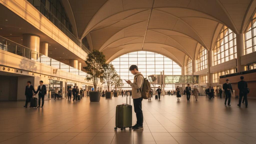 Arrivals hall at a large Japanese international airport with travellers and signage