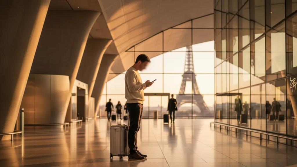 Traveller using a phone in a busy international airport arrivals hall
