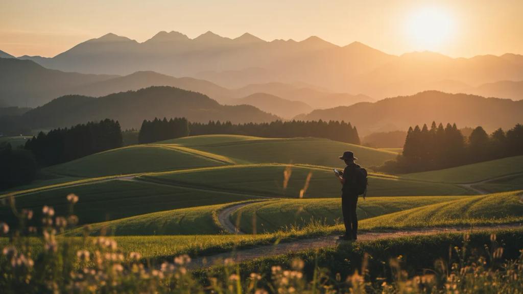 Winding mountain road through forested hills towards a distant coastline at golden hour