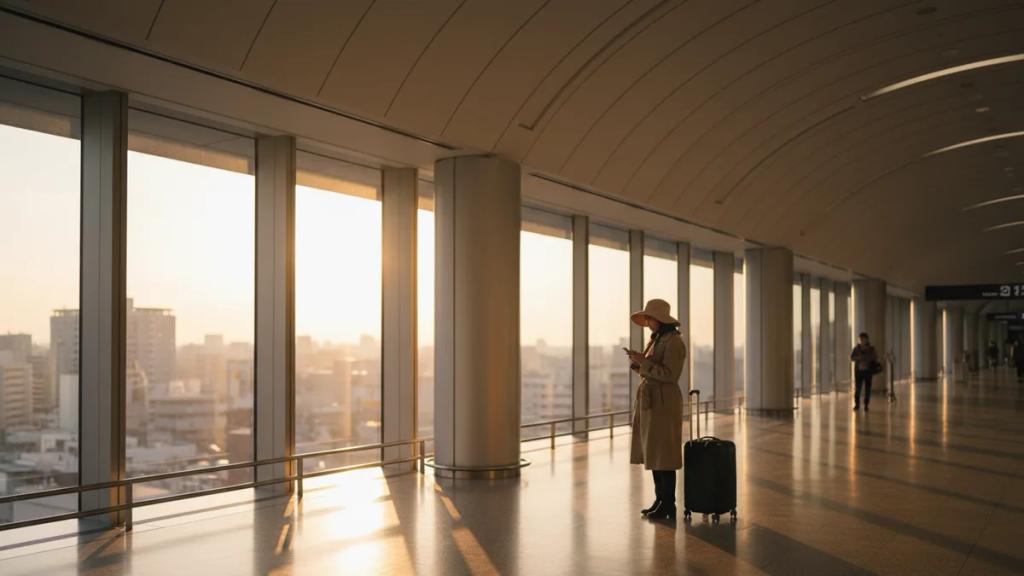 Traveller arriving at a modern Tokyo airport terminal holding a phone with a boarding gate in the background