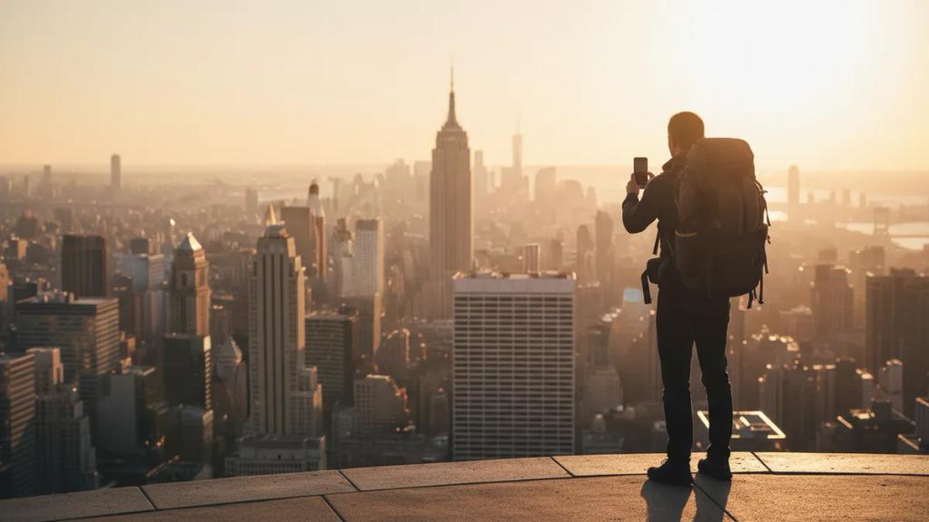 Traveller holding a phone showing no signal in front of a US city skyline