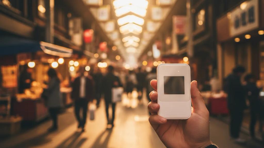 A traveller holding a portable Wi-Fi router on a busy Tokyo street