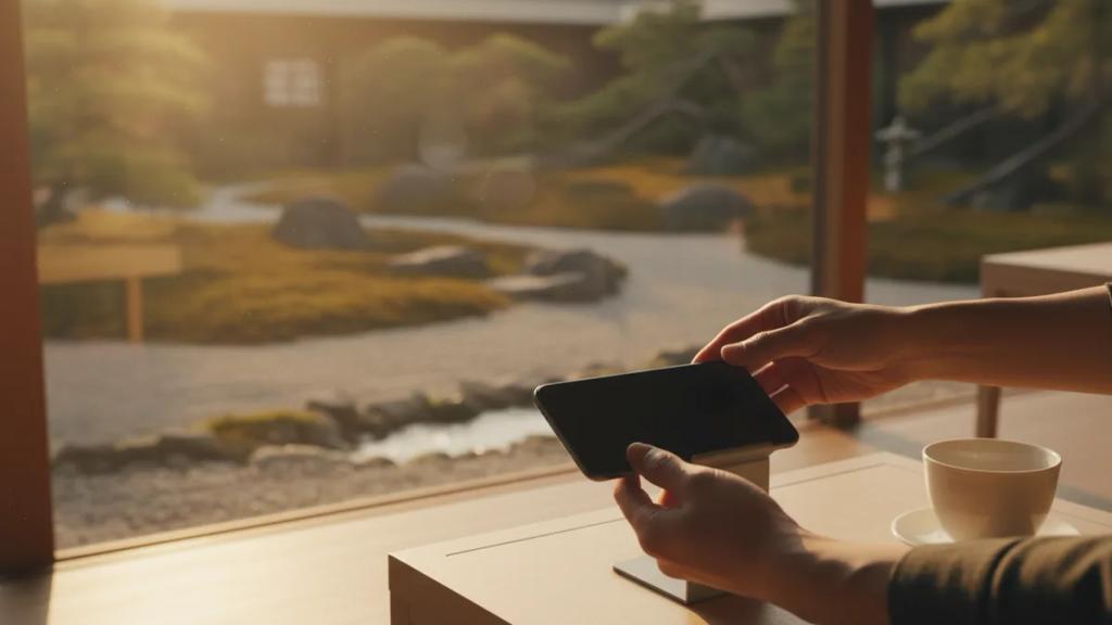 An iPhone showing the mobile settings screen next to a Japan travel itinerary and passport