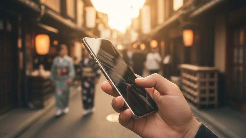 Traveller using a smartphone on a busy Tokyo street at dusk with neon signs