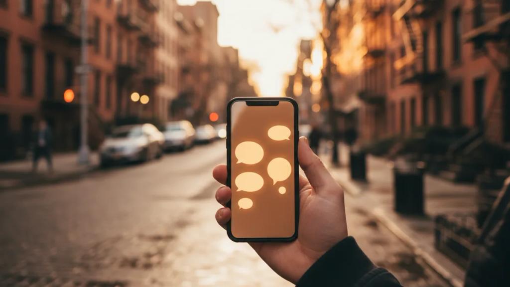 Traveller using a messaging app on a smartphone with a city skyline behind