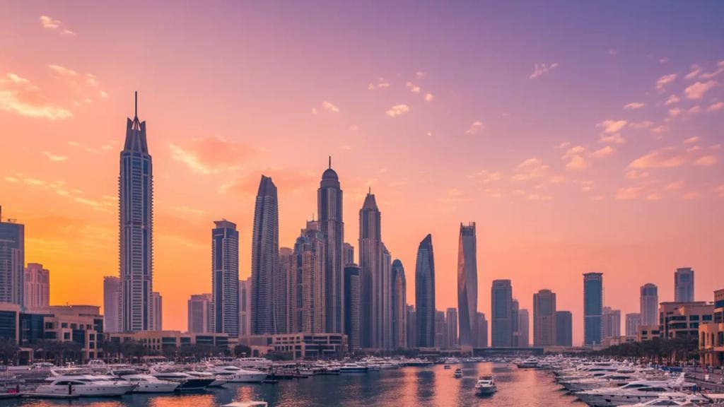 UK traveller at Dubai Marina at dusk checking a phone showing a connected mobile signal