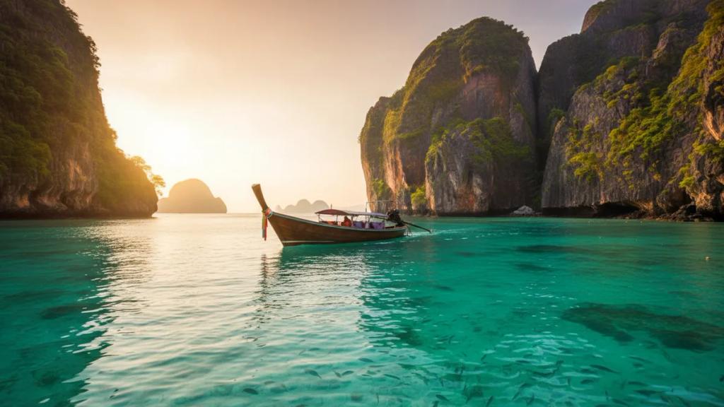 Longtail boats moored off a limestone-cliff beach on a Thai island at golden hour