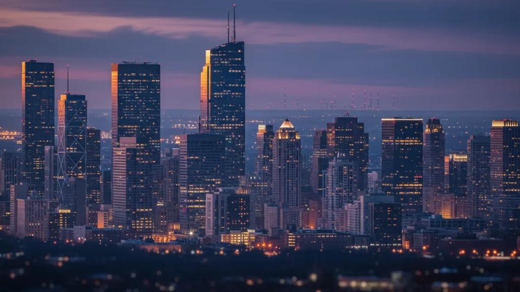 Smartphone showing signal bars against a backdrop of an American city skyline