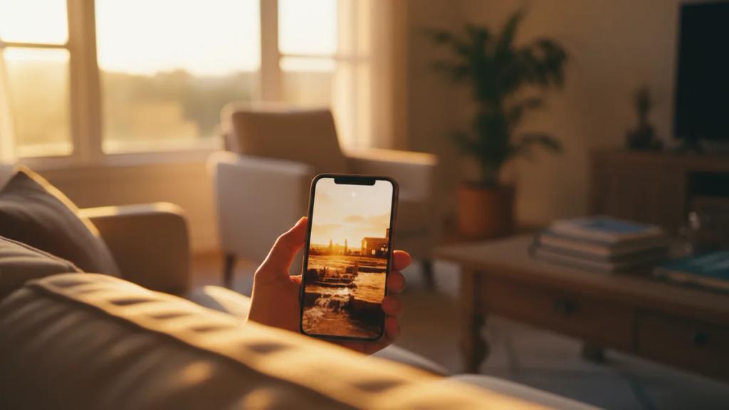 Traveller streaming video on a phone in a bright US city with strong signal bars