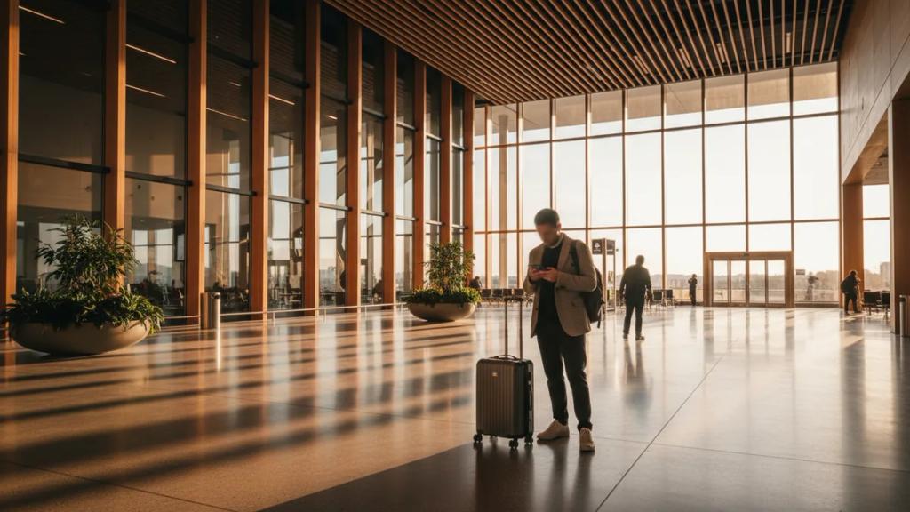 Traveller checking a phone at an airport arrivals hall with the city skyline beyond