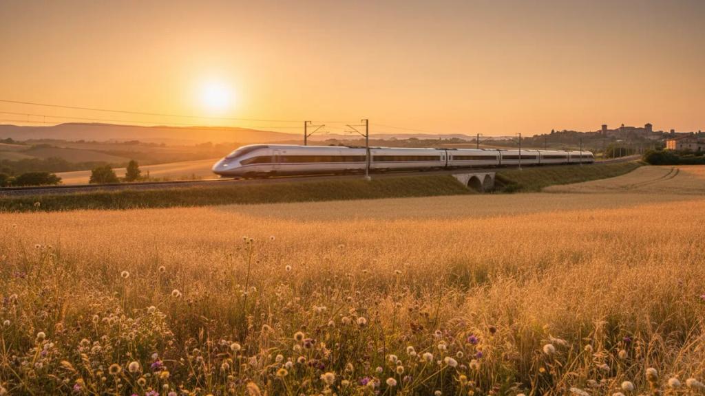High-speed train speeding through a European countryside under a golden evening sky