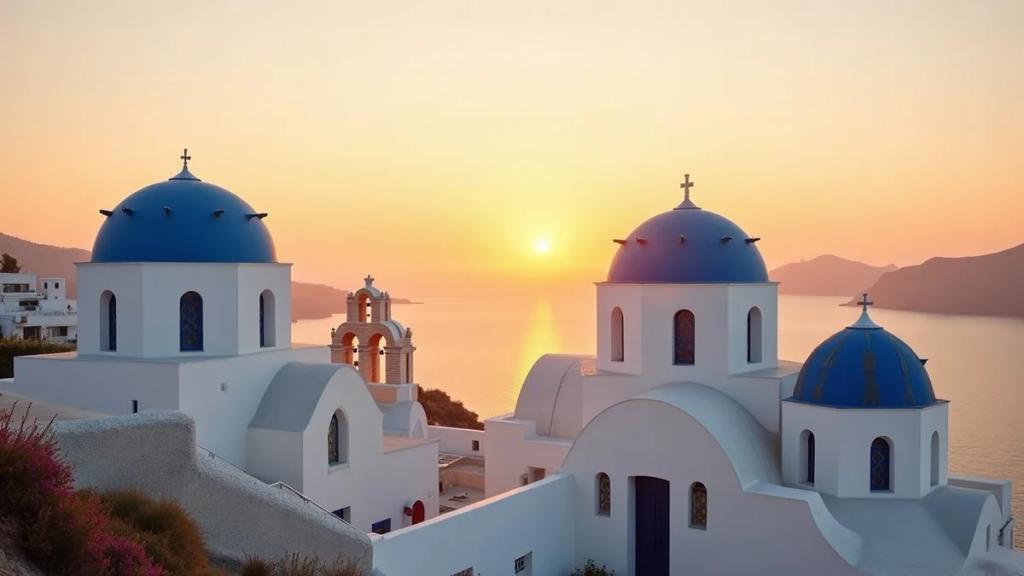 Traveller on a Santorini clifftop at golden hour checking their phone for signal
