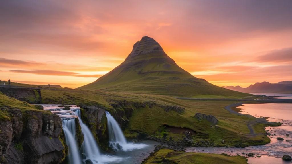 Traveller on Iceland's Ring Road checking their phone with a mountain and waterfall behind them