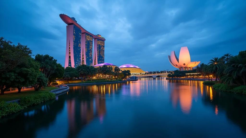 Traveller in front of the Marina Bay skyline in Singapore checking their phone signal at dusk