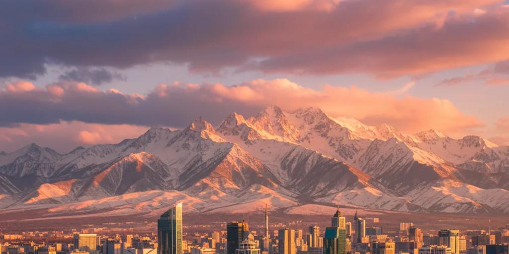 Almaty city streets with the snow-capped Tian Shan mountains rising behind
