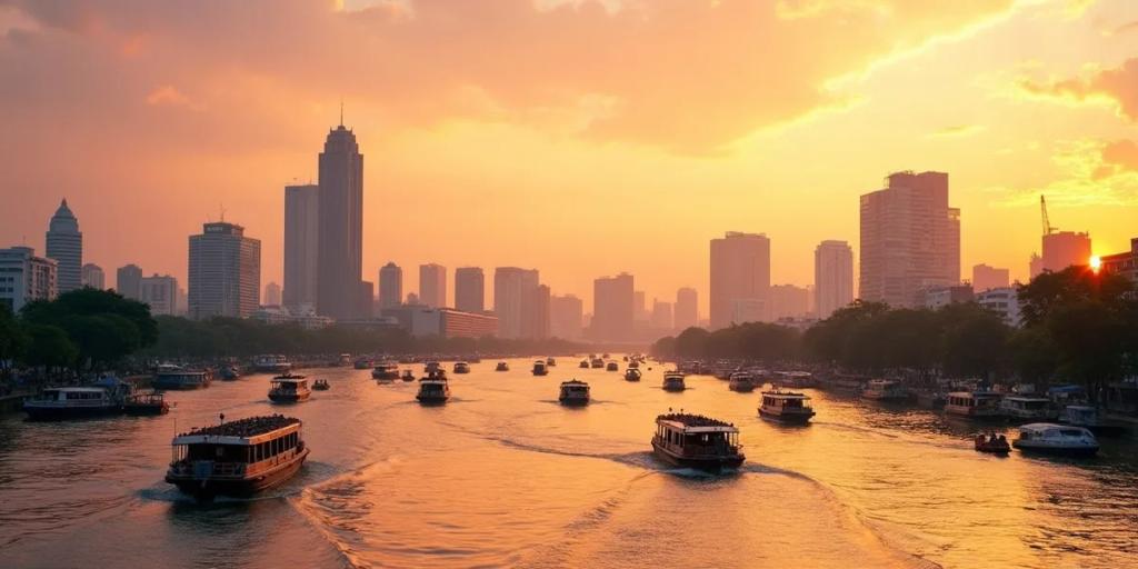 Bangkok skyline at dusk with the Chao Phraya river and a BTS Skytrain crossing
