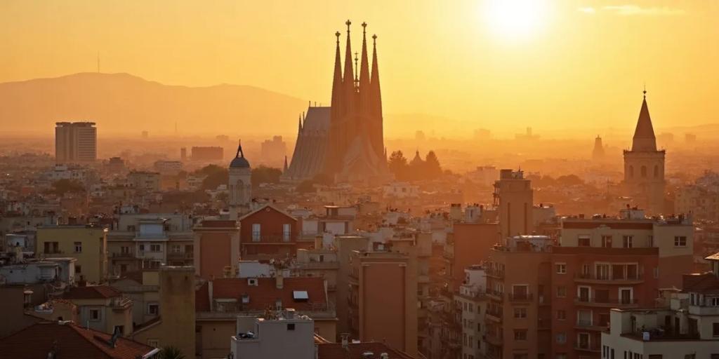 Barcelona rooftops and the Sagrada Familia at golden hour