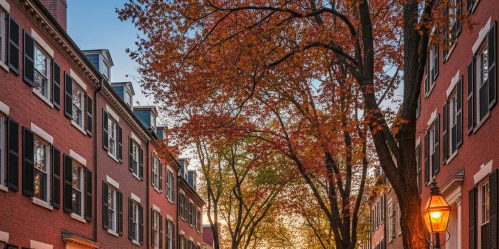Beacon Hill's brick row houses and gas lamps along a cobblestone street at dusk